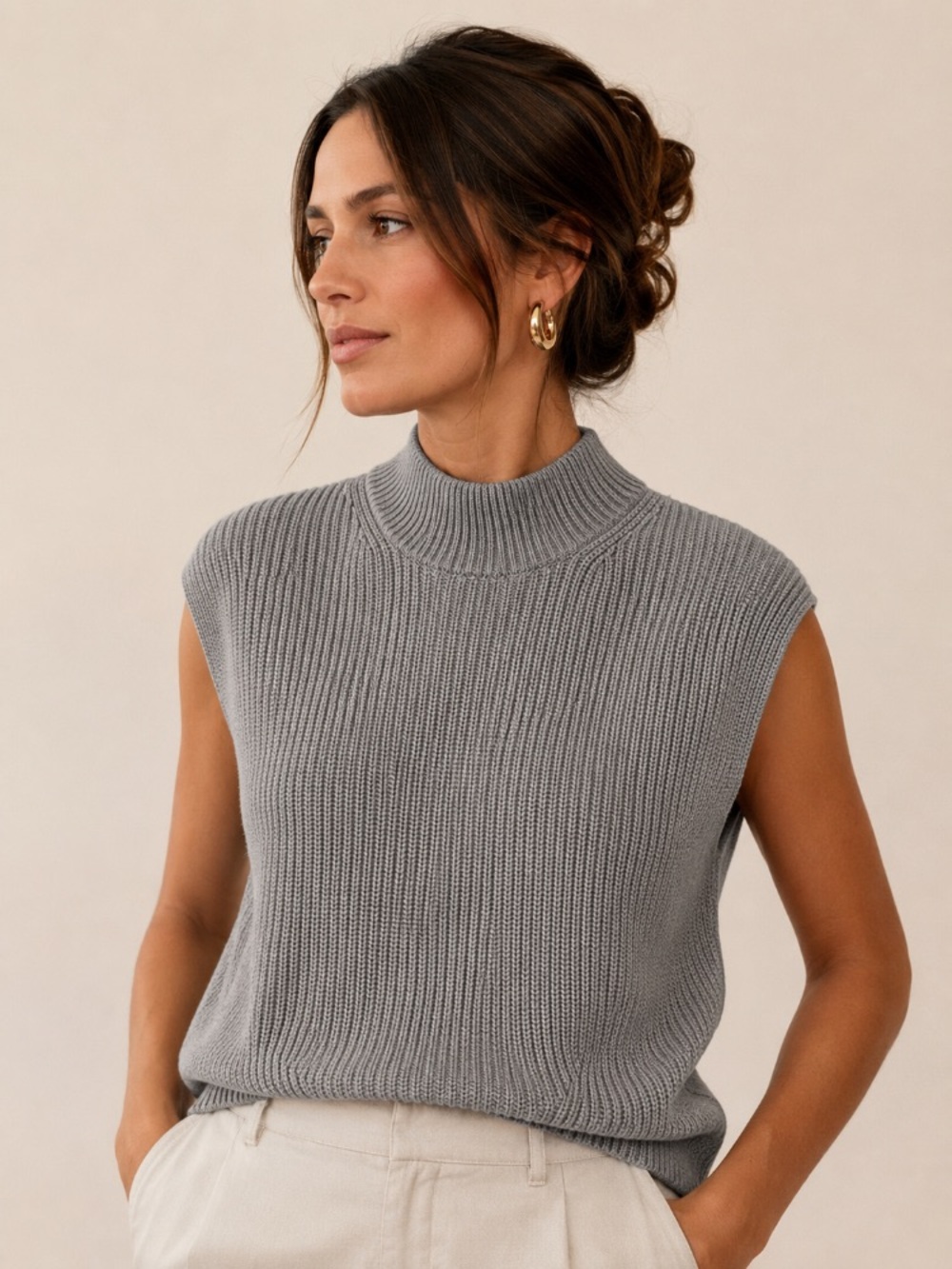 Abercrombie & Fitch Ribbed Mock Neck Sweater Vest | Gray | XS Oversized Fit